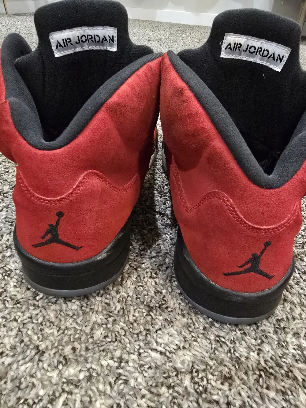 Jordan Red RETRO 5Suede High-Top Basketball Shoes with Black Accents